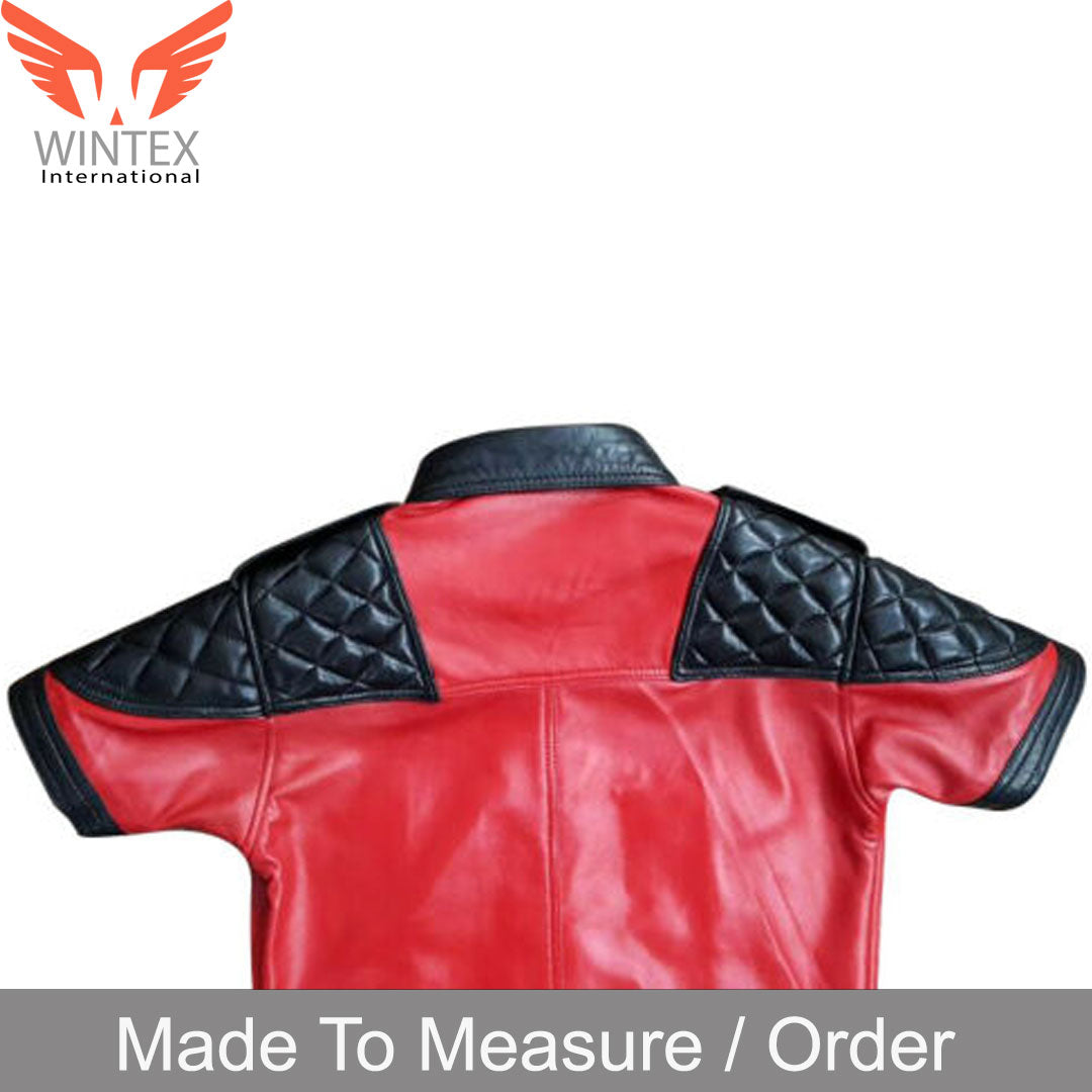 Men’s Real Lamb Leather Quilted Panels Short Sleeve Police Shirt Bluf Shirt