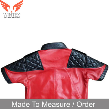 Men’s Real Lamb Leather Quilted Panels Short Sleeve Police Shirt Bluf Shirt