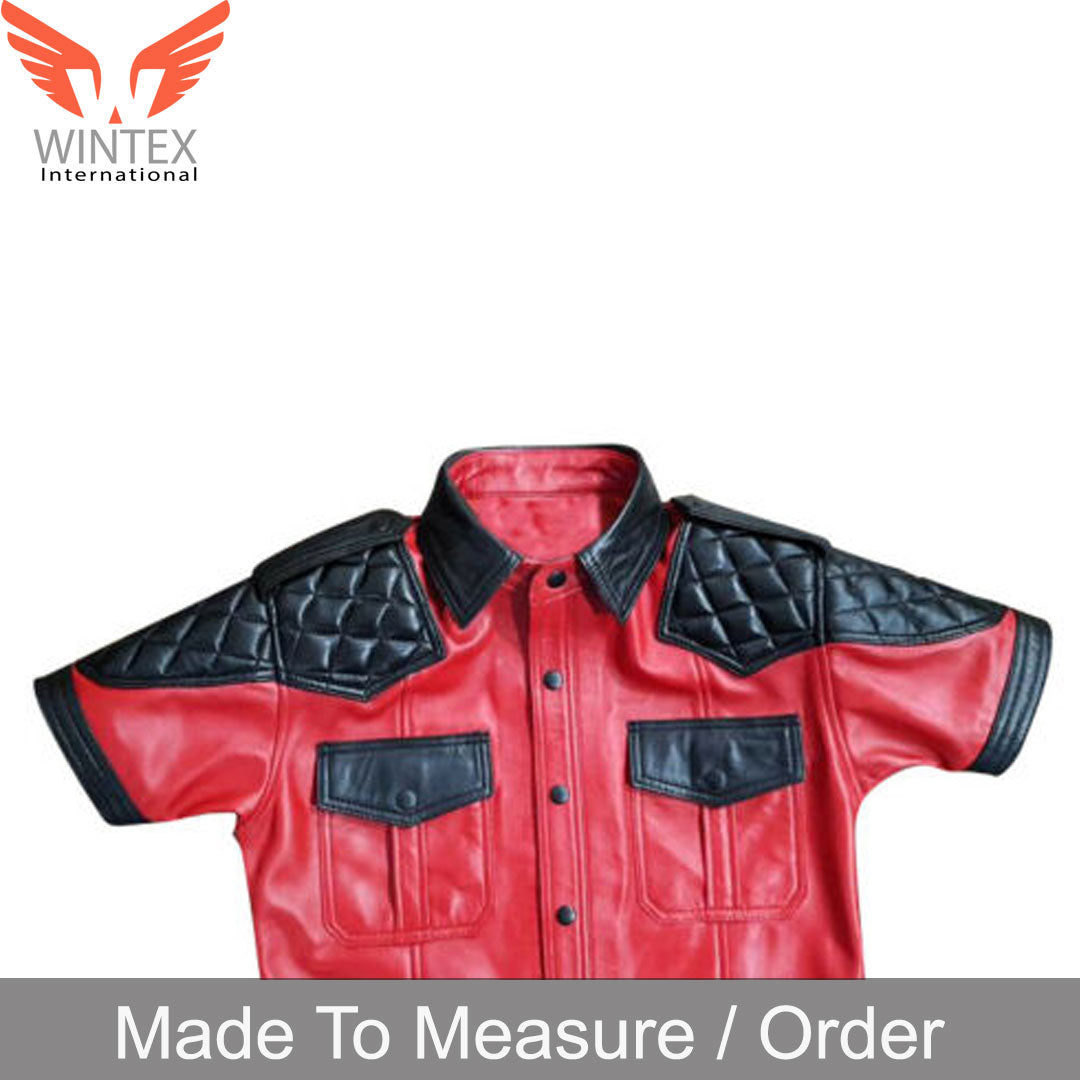 Men’s Real Lamb Leather Quilted Panels Short Sleeve Police Shirt Bluf Shirt