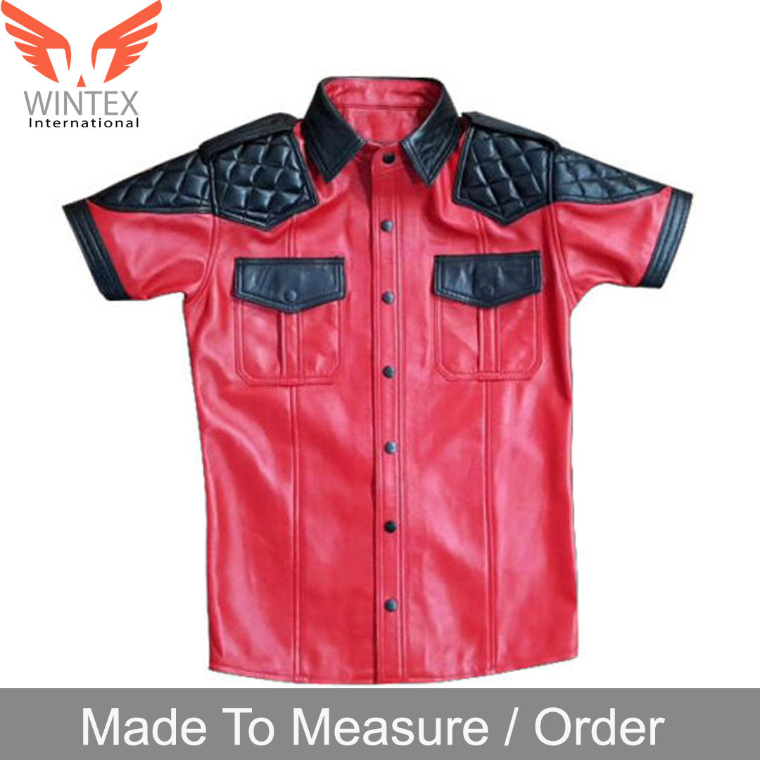 Men’s Real Lamb Leather Quilted Panels Short Sleeve Police Shirt Bluf Shirt