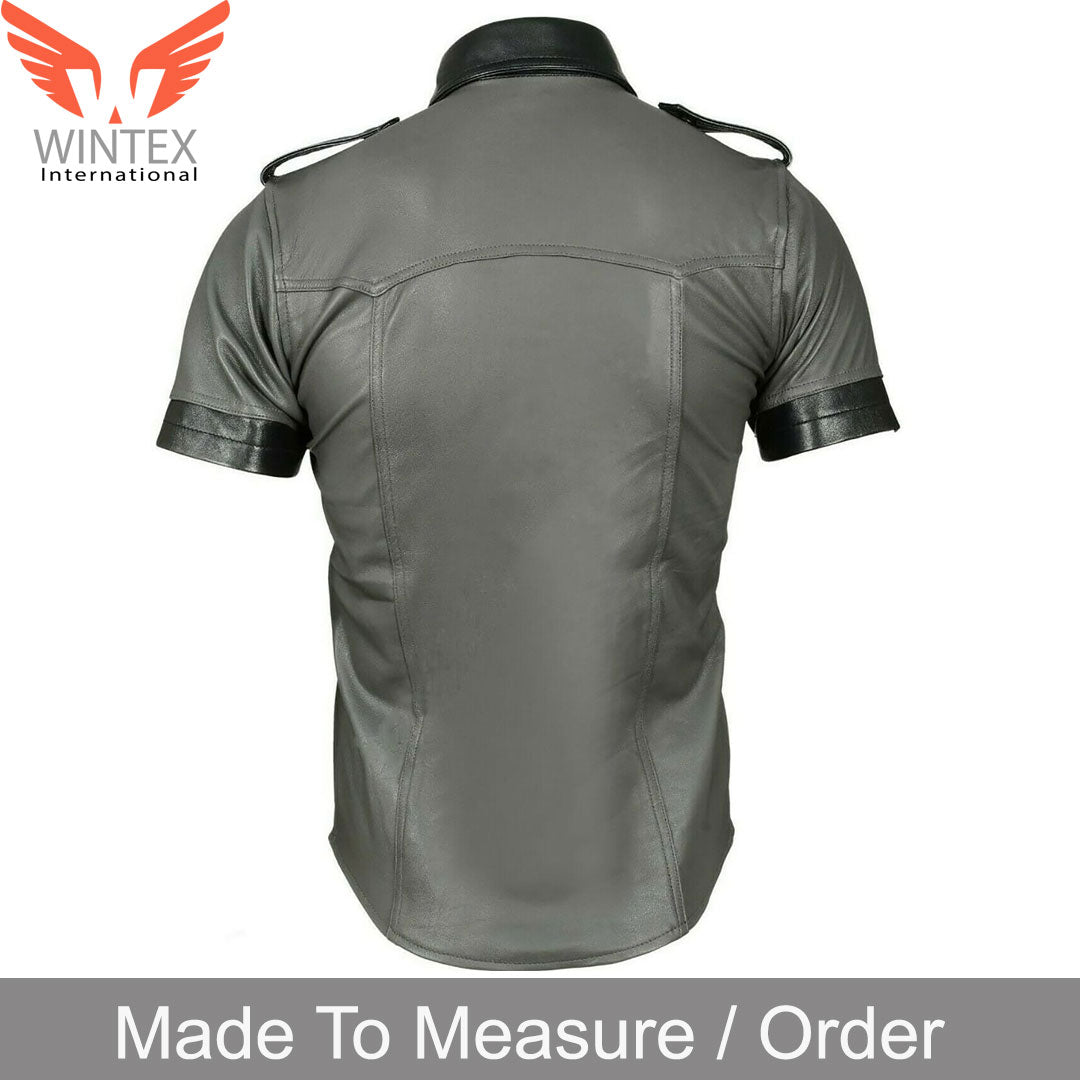 Men’s Real Leather Short Sleeves Police Uniform Shirt BLUF Shirt Contrast Trims