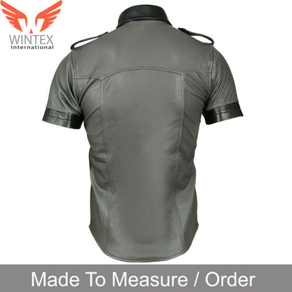 Men’s Real Leather Short Sleeves Police Uniform Shirt BLUF Shirt Contrast Trims
