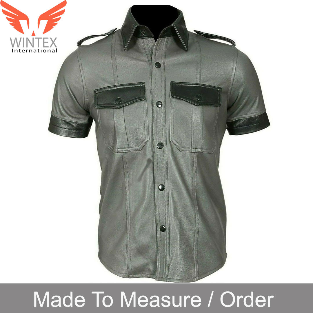 Men’s Real Leather Short Sleeves Police Uniform Shirt BLUF Shirt Contrast Trims