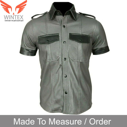 Men’s Real Leather Short Sleeves Police Uniform Shirt BLUF Shirt Contrast Trims
