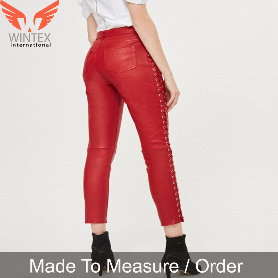 Women’s Real Leather Laces Up Slim Fit Pants – Sexy Side Laces Up Red Leather Pants