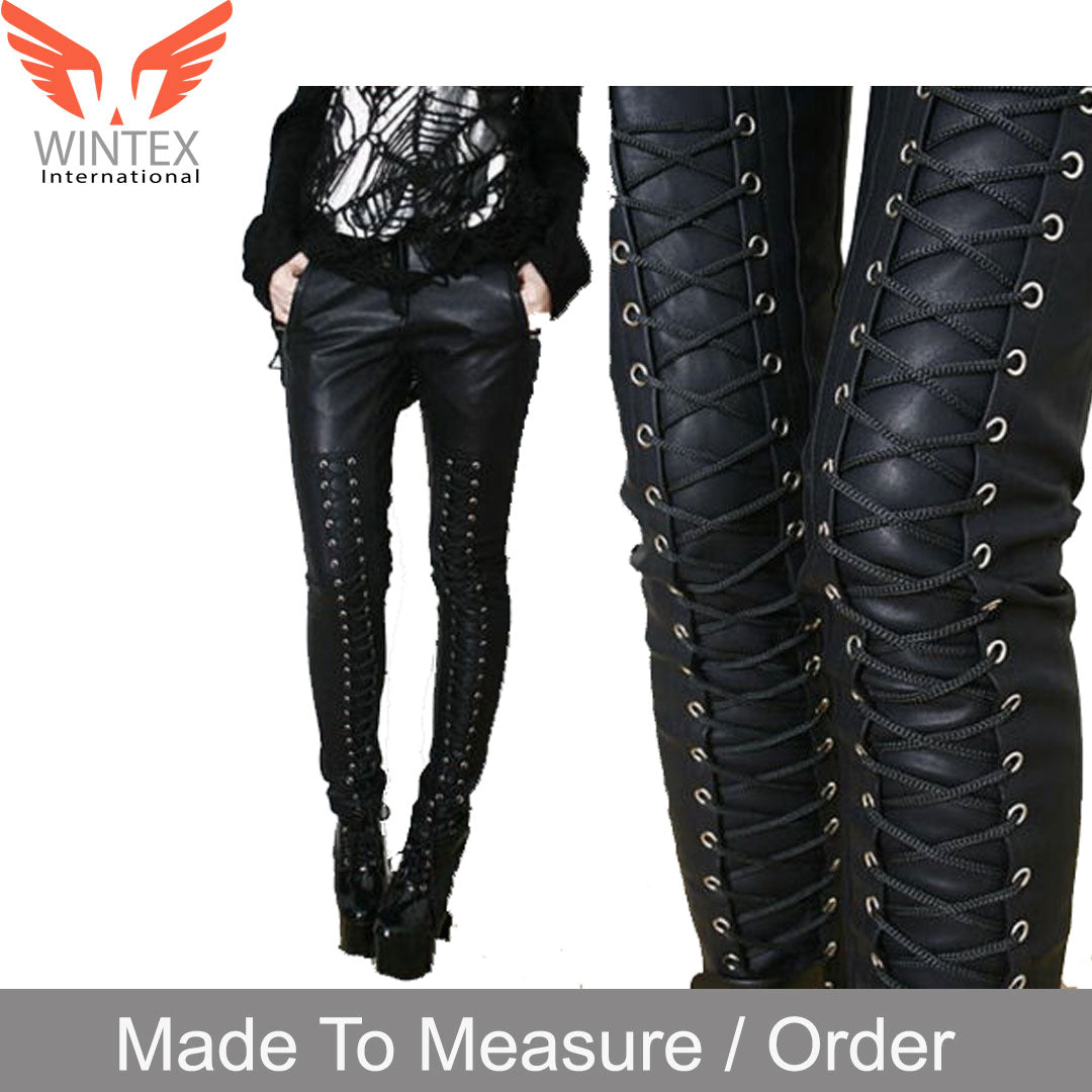 Women Real Lamb Leather Laces Up Slim Fit Pants β Sexy Front Laces Up Pants