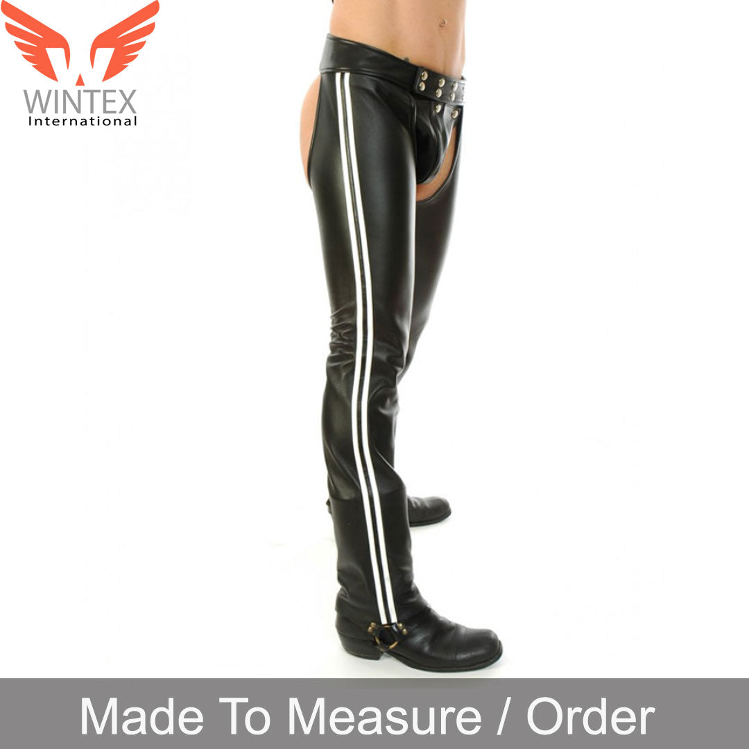 Men’s Real Cowhide Leather Chaps – Leather Bikers Chaps With 2 White Stripes