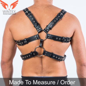 Mens Genuine Soft Leather Chest Harness – Triple Straps Harness – Two Rings Harness