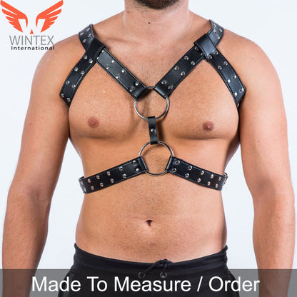 Mens Genuine Soft Leather Chest Harness – Triple Straps Harness – Two Rings Harness
