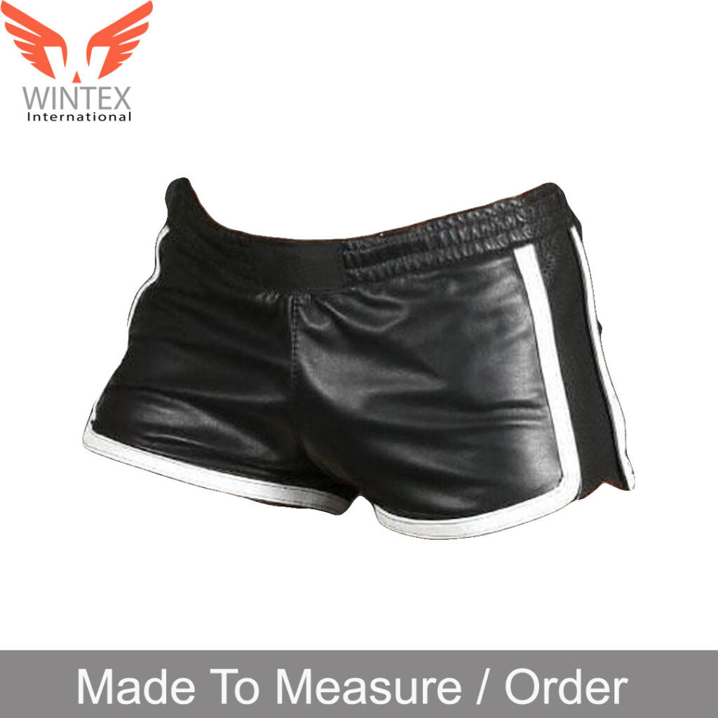 Men’s Real Lamb Leather Gym Shorts Sports Shorts With Contrast Colors Piping