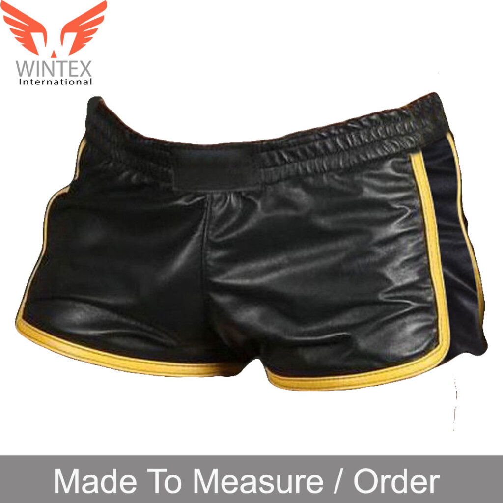 Men’s Real Lamb Leather Gym Shorts Sports Shorts With Contrast Colors Piping