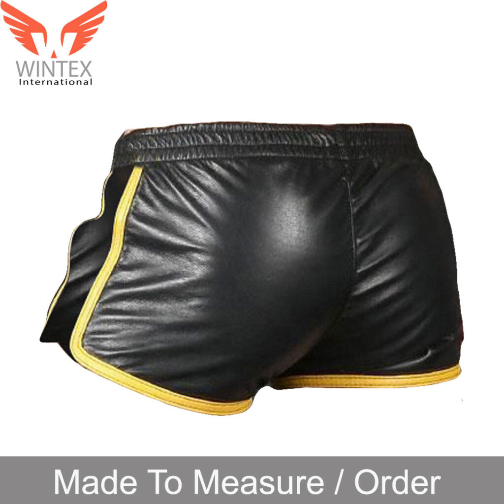 Men’s Real Lamb Leather Gym Shorts Sports Shorts With Contrast Colors Piping