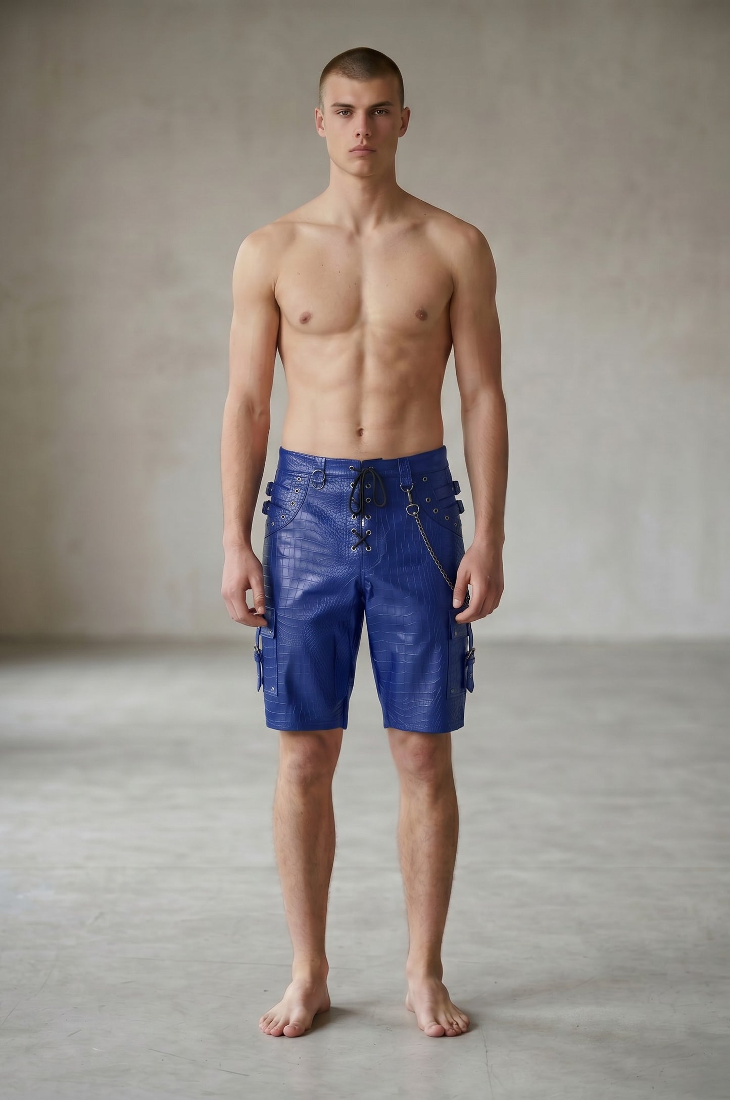 Men's Genuine Cow Leather Crocodile-Embossed Cargo/Gothic?Punk/Biker Shorts