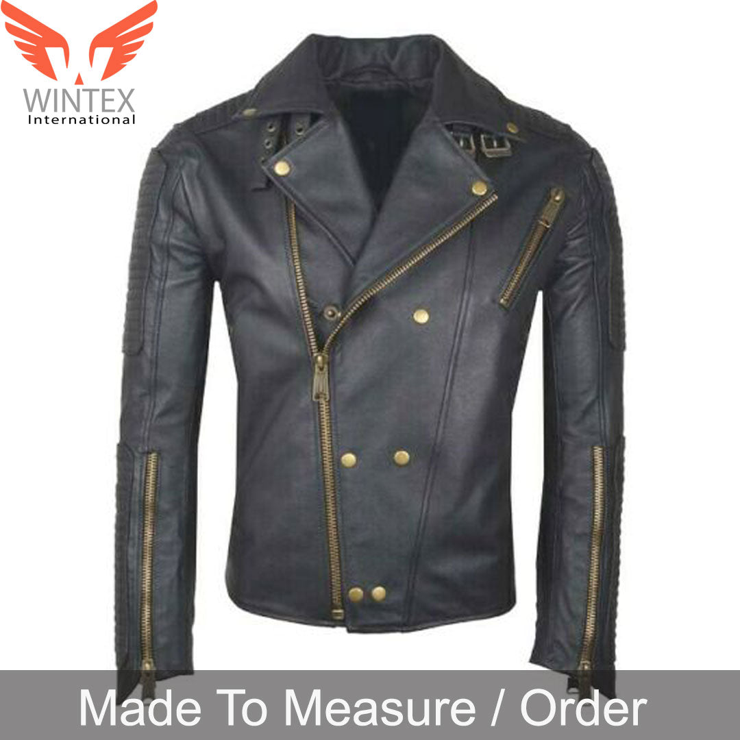 Men’s Real Cowhide Leather Bikers Jacket Quilted Panels Heavy Zippers Bikers Jacket