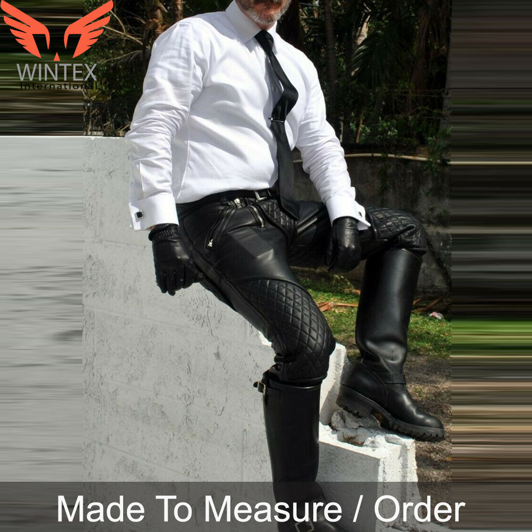 Men’s Genuine Leather Quilted Panels Carpenter Pants – Slim Fit Bikers Pants