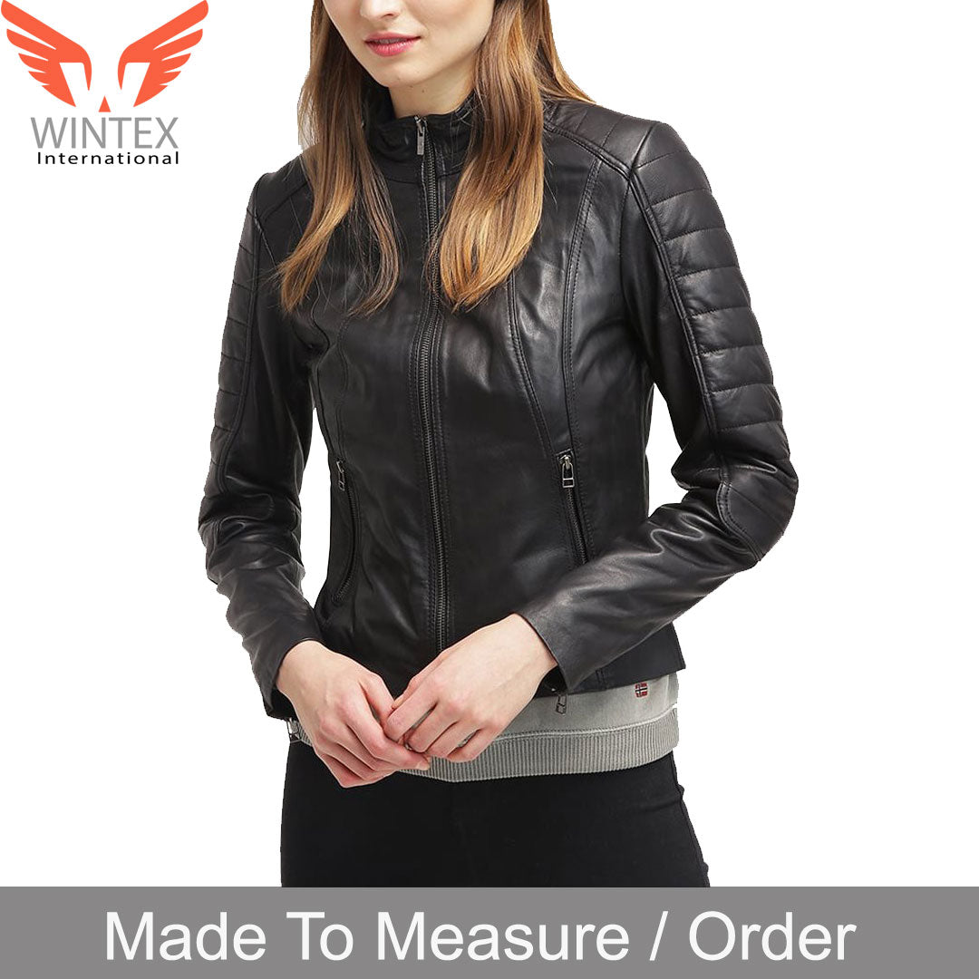 Women’s Genuine Lamb Leather Jacket – Quilted Panels Biker’s Jacket