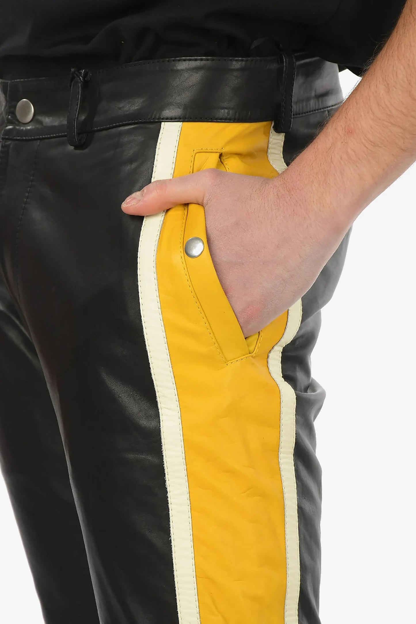 Men's Real Lamb Leather Bikers Pants With Contrast Color Panels / Bikers Trousers