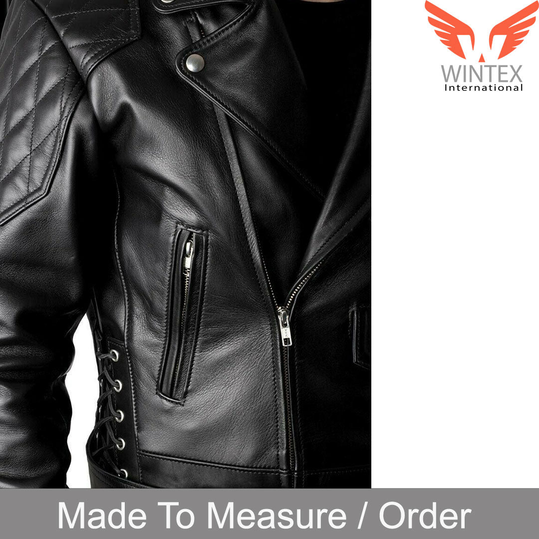 Men’s Real Cowhide Leather Bikers Jacket Quilted Panels & Side Laces Bikers/BLUF Jacket