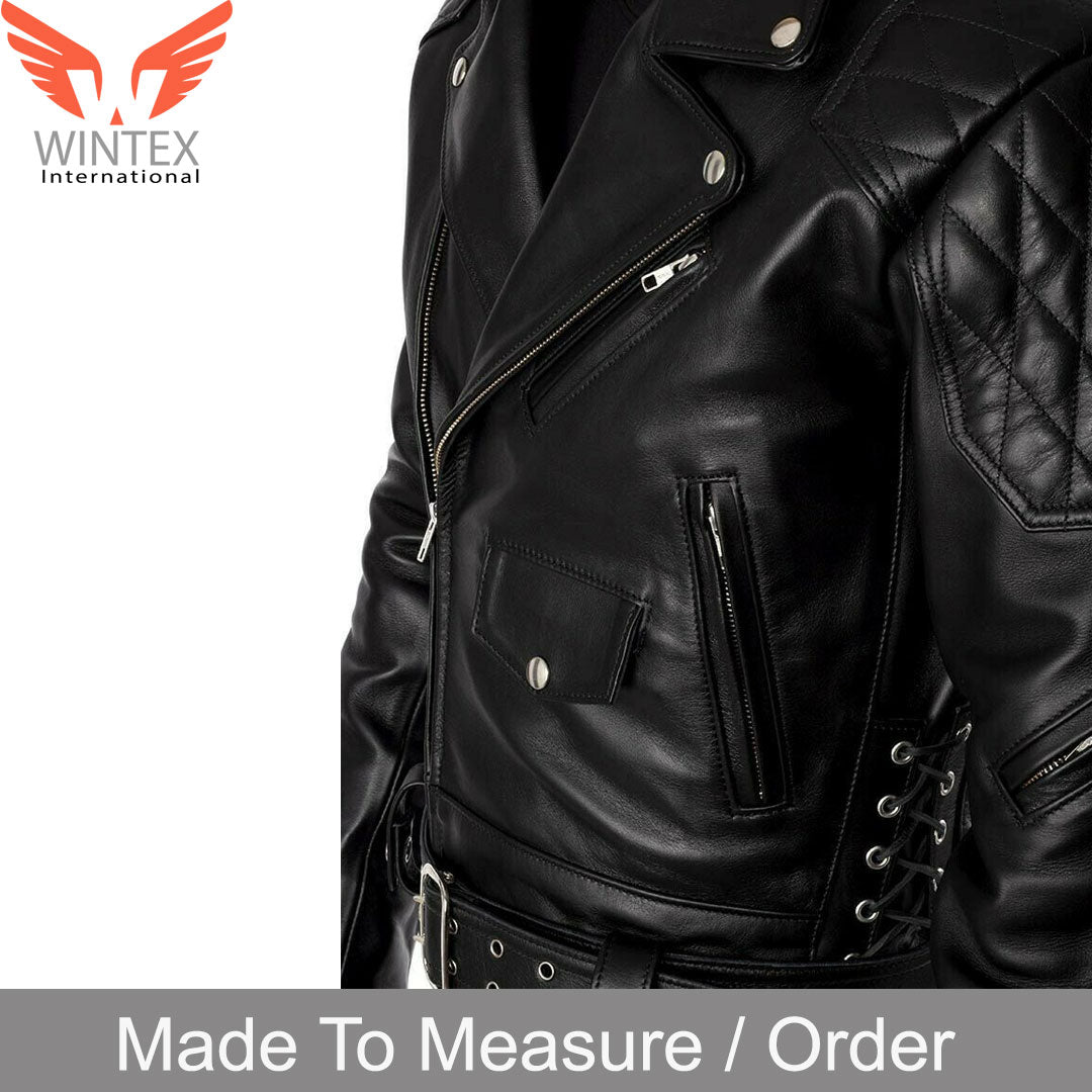 Men’s Real Cowhide Leather Bikers Jacket Quilted Panels & Side Laces Bikers/BLUF Jacket