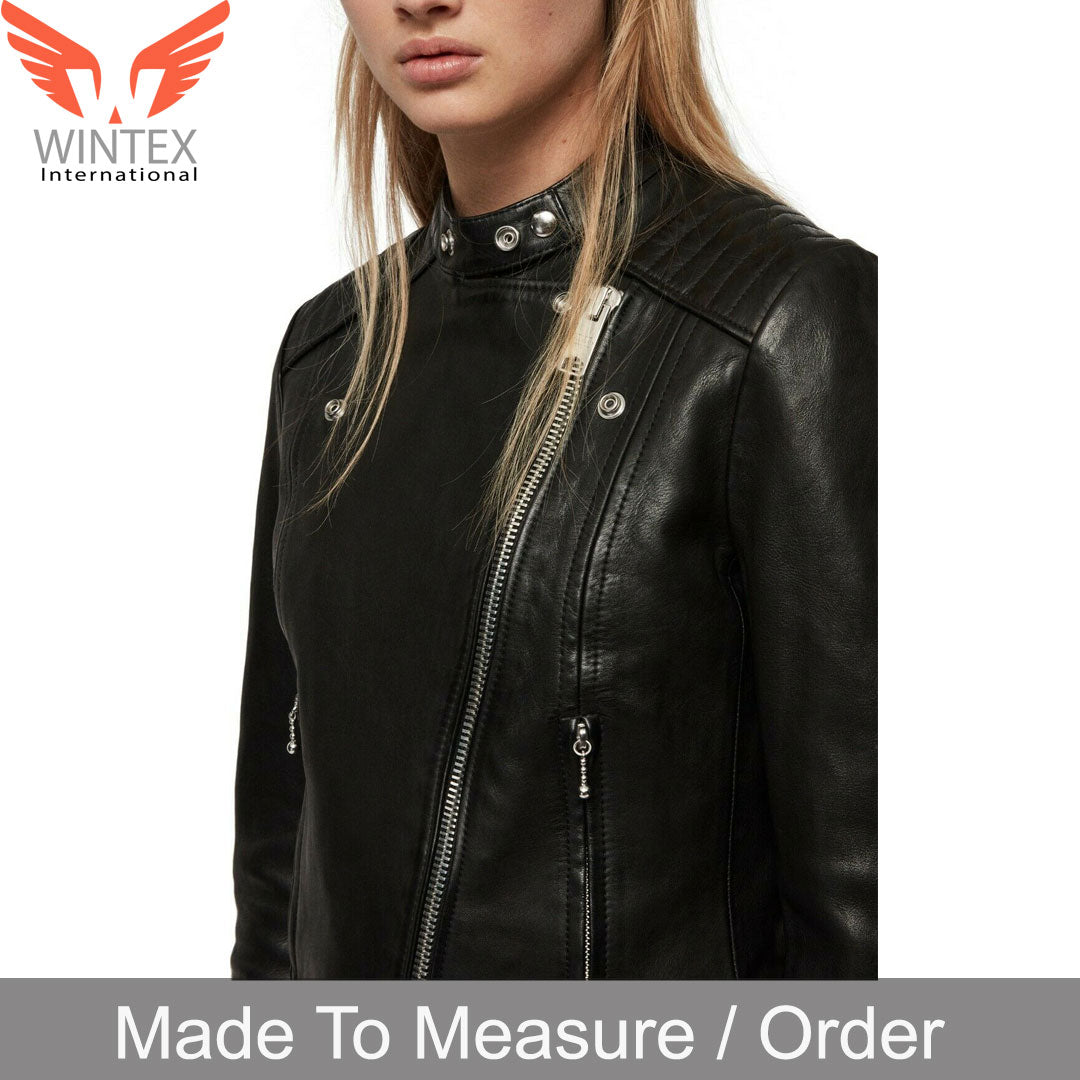 Women’s Real Lamb Leather Bikers Quilted Panels Bikers Leather Jacket