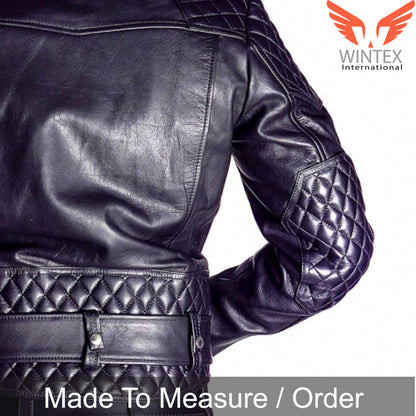 Men’s Cowhide Natural Grain Leather Motor Bike Jacket – Quilted Panels Bikers Jacket