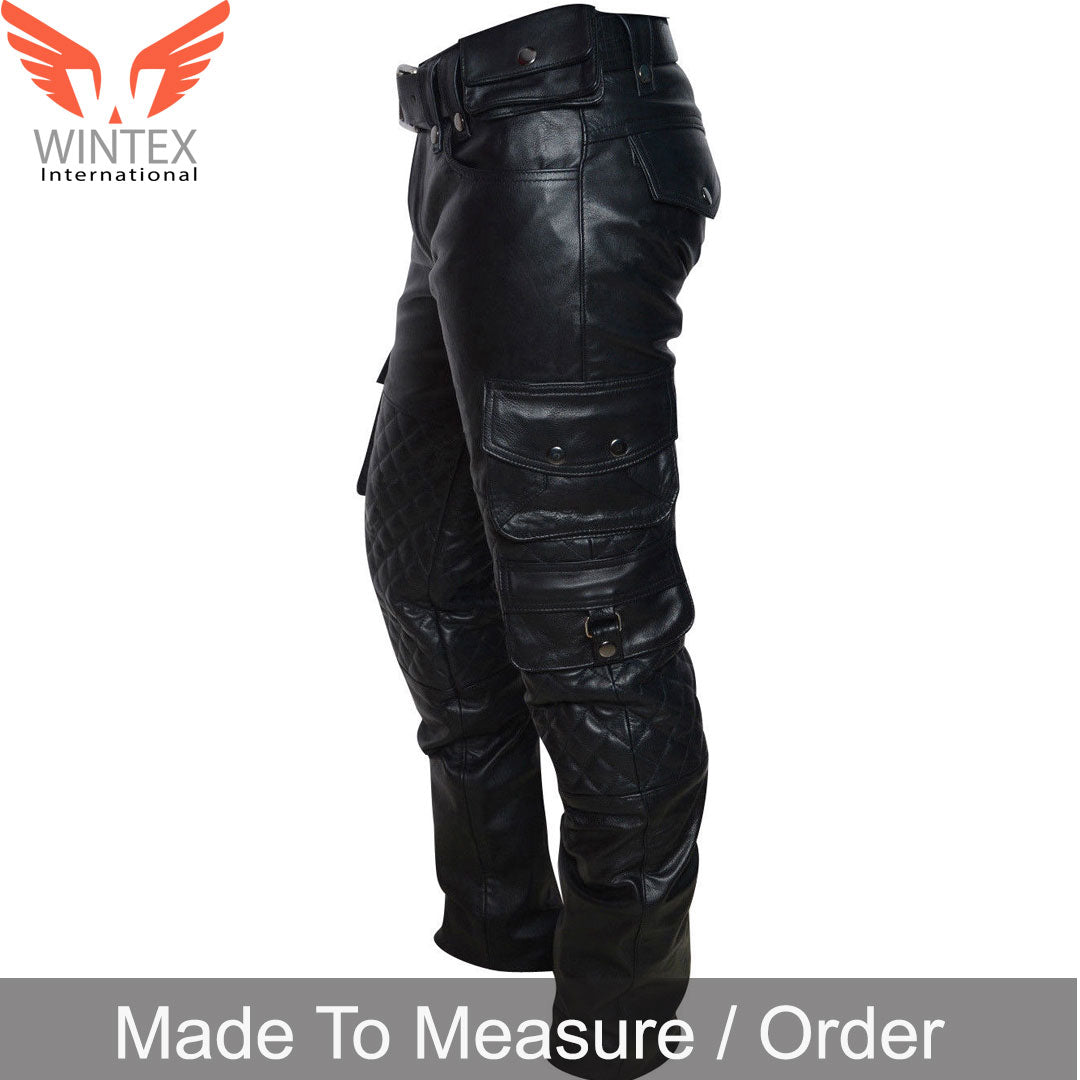 Men’s Real Leather Bikers Pants With Quilted Panels And Cargo Pockets Trousers