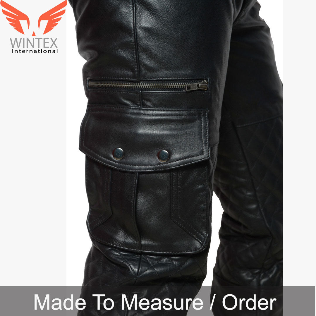 Men’s Real Leather Bikers Pants With Quilted Panels And Cargo Pockets Trousers