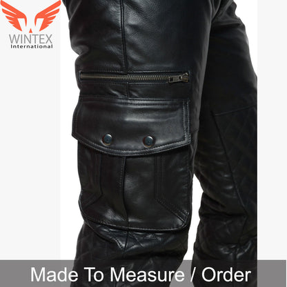 Men’s Real Leather Bikers Pants With Quilted Panels And Cargo Pockets Trousers