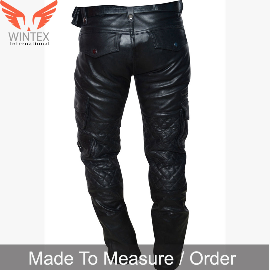 Men’s Real Leather Bikers Pants With Quilted Panels And Cargo Pockets Trousers