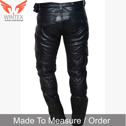 Men’s Real Leather Bikers Pants With Quilted Panels And Cargo Pockets Trousers