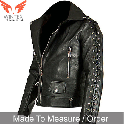 Men’s Real Leather Bikers Jacket Cowhide Leather Laced Up Sleeves Bikers Jacket