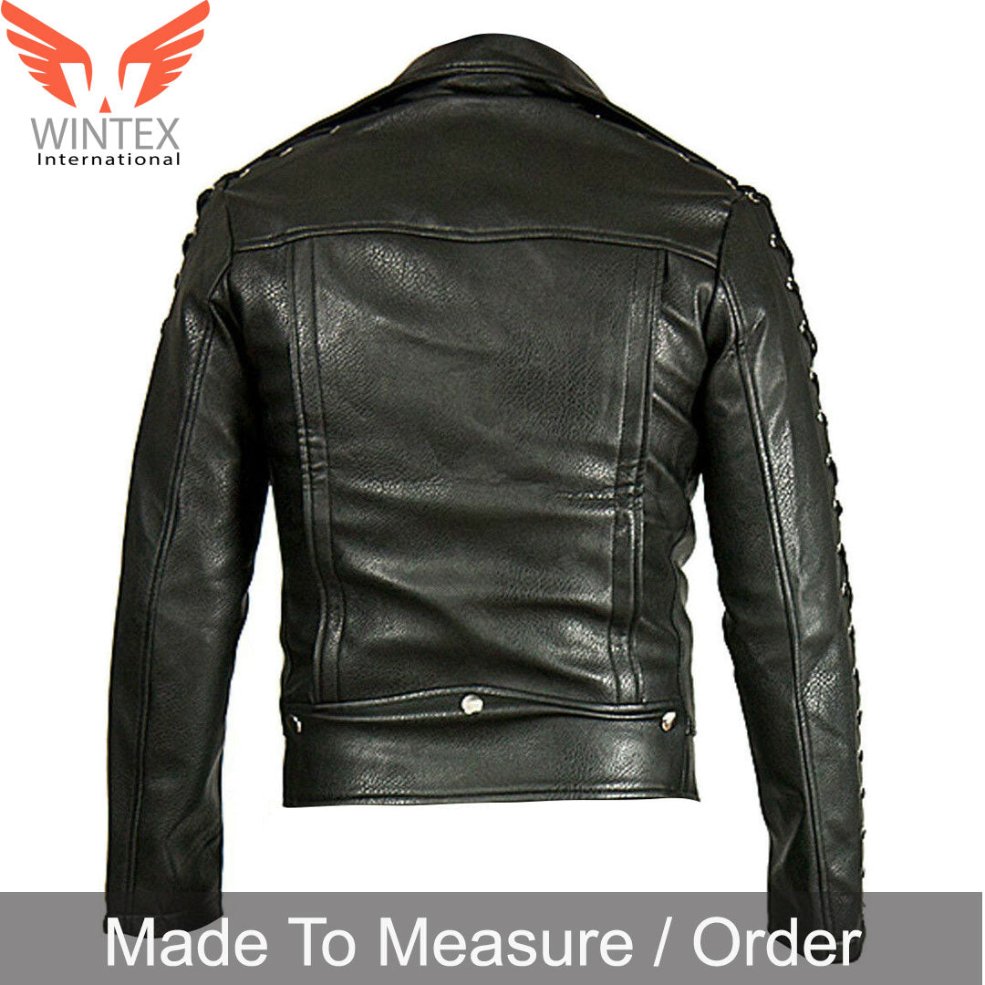 Men’s Real Leather Bikers Jacket Cowhide Leather Laced Up Sleeves Bikers Jacket