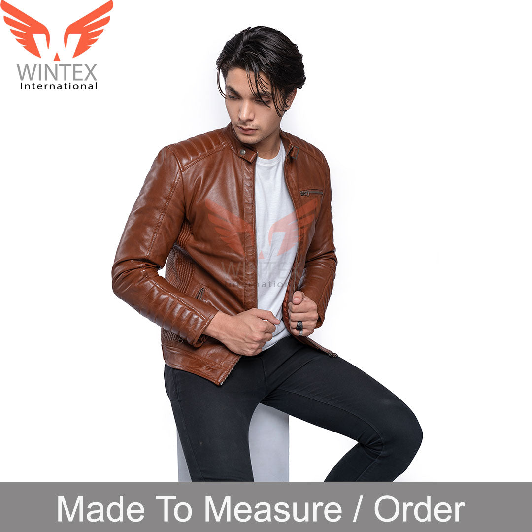 Men’s Real Lamb Leather Quilted Bikers Jacket – Hand Waxed Cafe Racer Lamb Leather Jacket