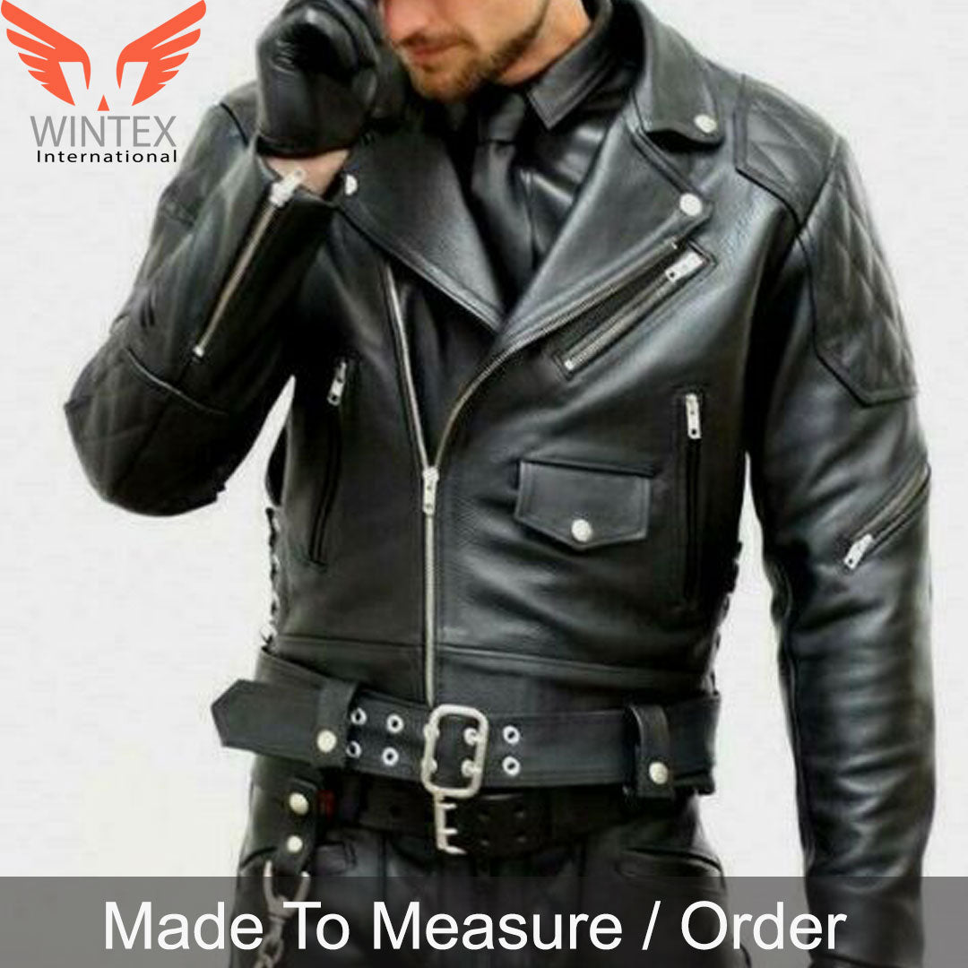 Men’s Real Cowhide Motor Bikers Jacket with Quilted Panels BLUF Jacket