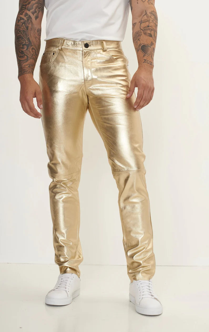 Men's Real Lamb Leather Gold & Silver Color 5 Pockets Pants Lamb Leather Bikers Pants