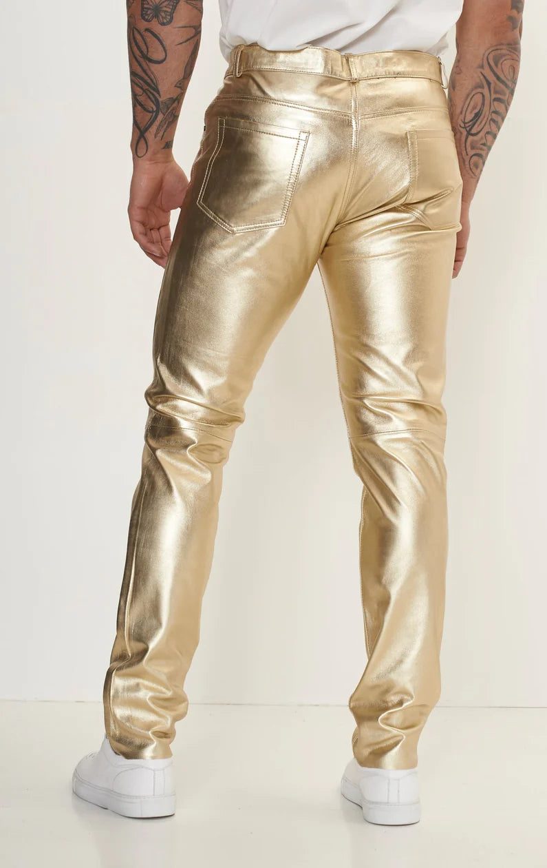 Men's Real Lamb Leather Gold & Silver Color 5 Pockets Pants Lamb Leather Bikers Pants