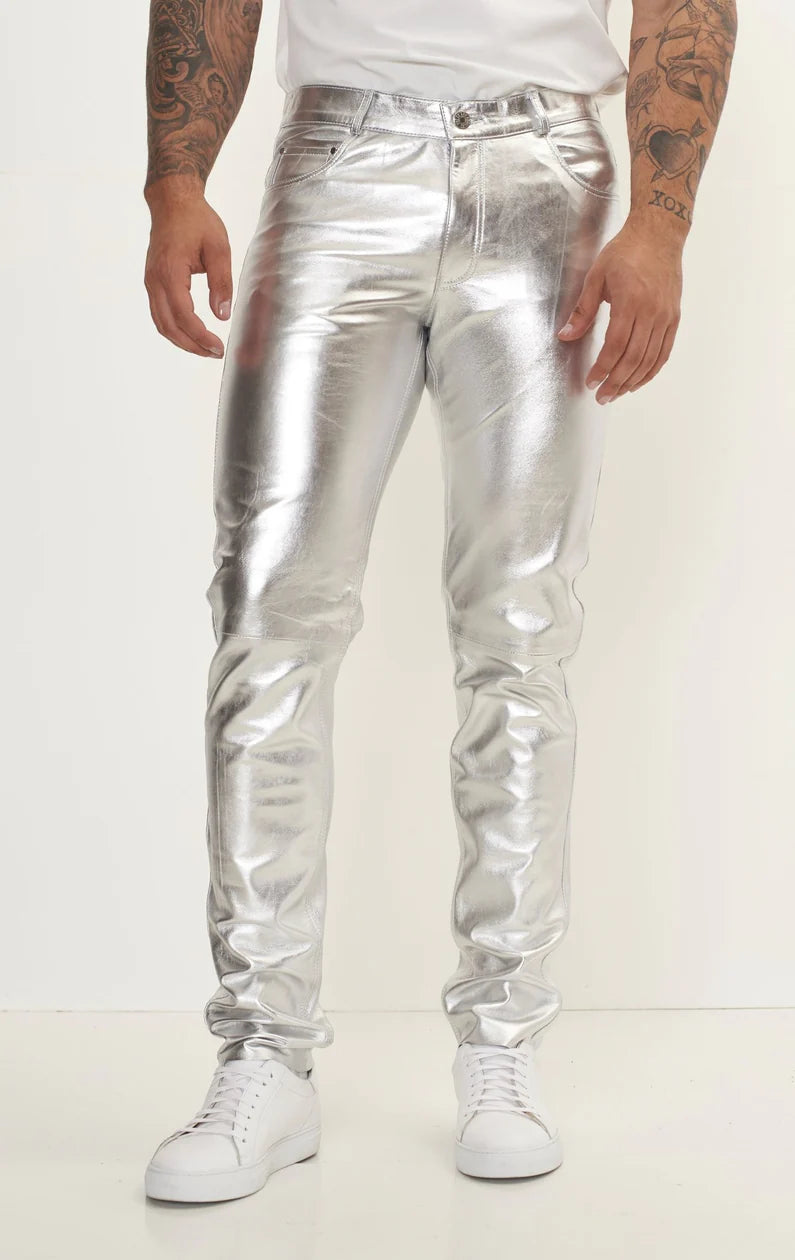 Men's Real Lamb Leather Gold & Silver Color 5 Pockets Pants Lamb Leather Bikers Pants