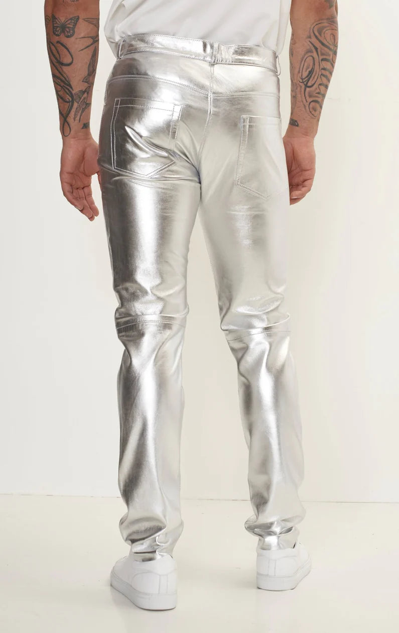 Men's Real Lamb Leather Gold & Silver Color 5 Pockets Pants Lamb Leather Bikers Pants