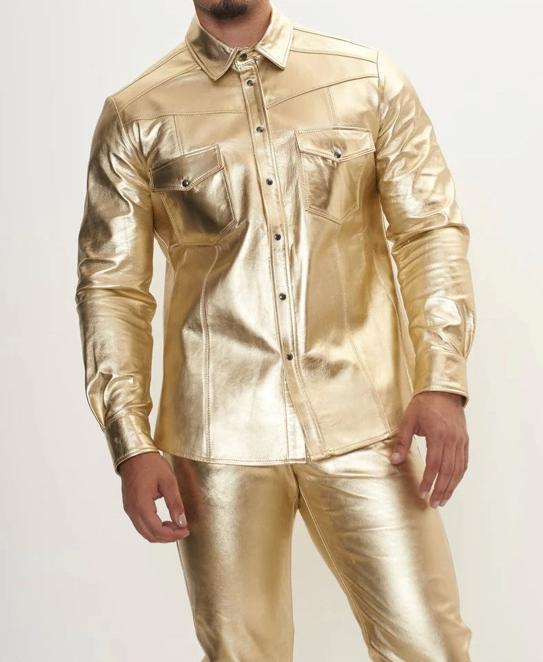 Men's Real Lamb Leather Gold & Silver Color Full Sleeves Shirt Front Pockets Shirt