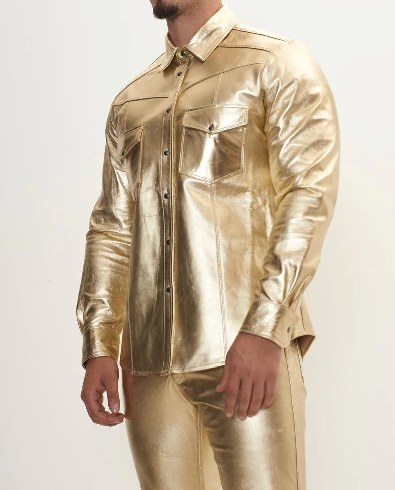 Men's Real Lamb Leather Gold & Silver Color Full Sleeves Shirt Front Pockets Shirt