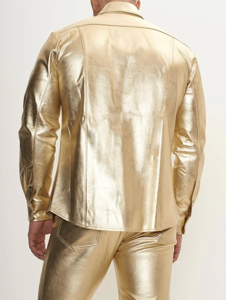 Men's Real Lamb Leather Gold & Silver Color Full Sleeves Shirt Front Pockets Shirt