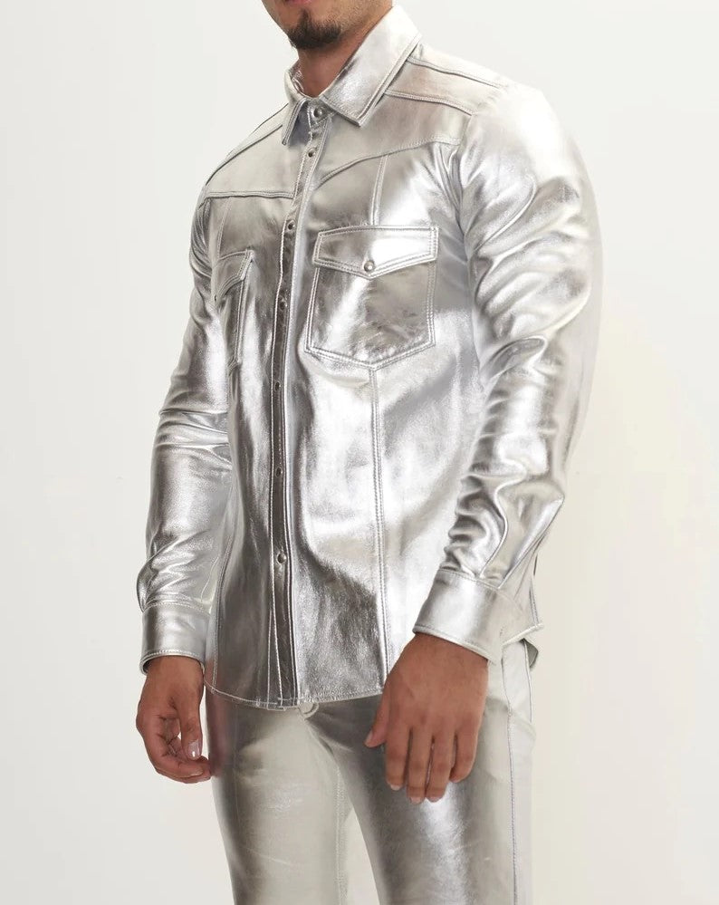 Men's Real Lamb Leather Gold & Silver Color Full Sleeves Shirt Front Pockets Shirt