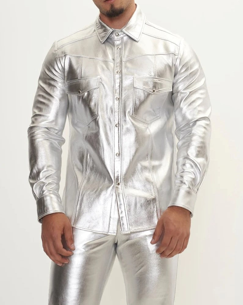Men's Real Lamb Leather Gold & Silver Color Full Sleeves Shirt Front Pockets Shirt