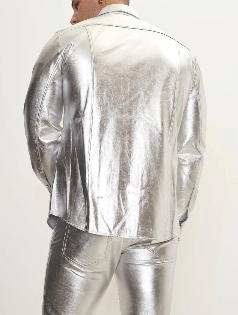 Men's Real Lamb Leather Gold & Silver Color Full Sleeves Shirt Front Pockets Shirt
