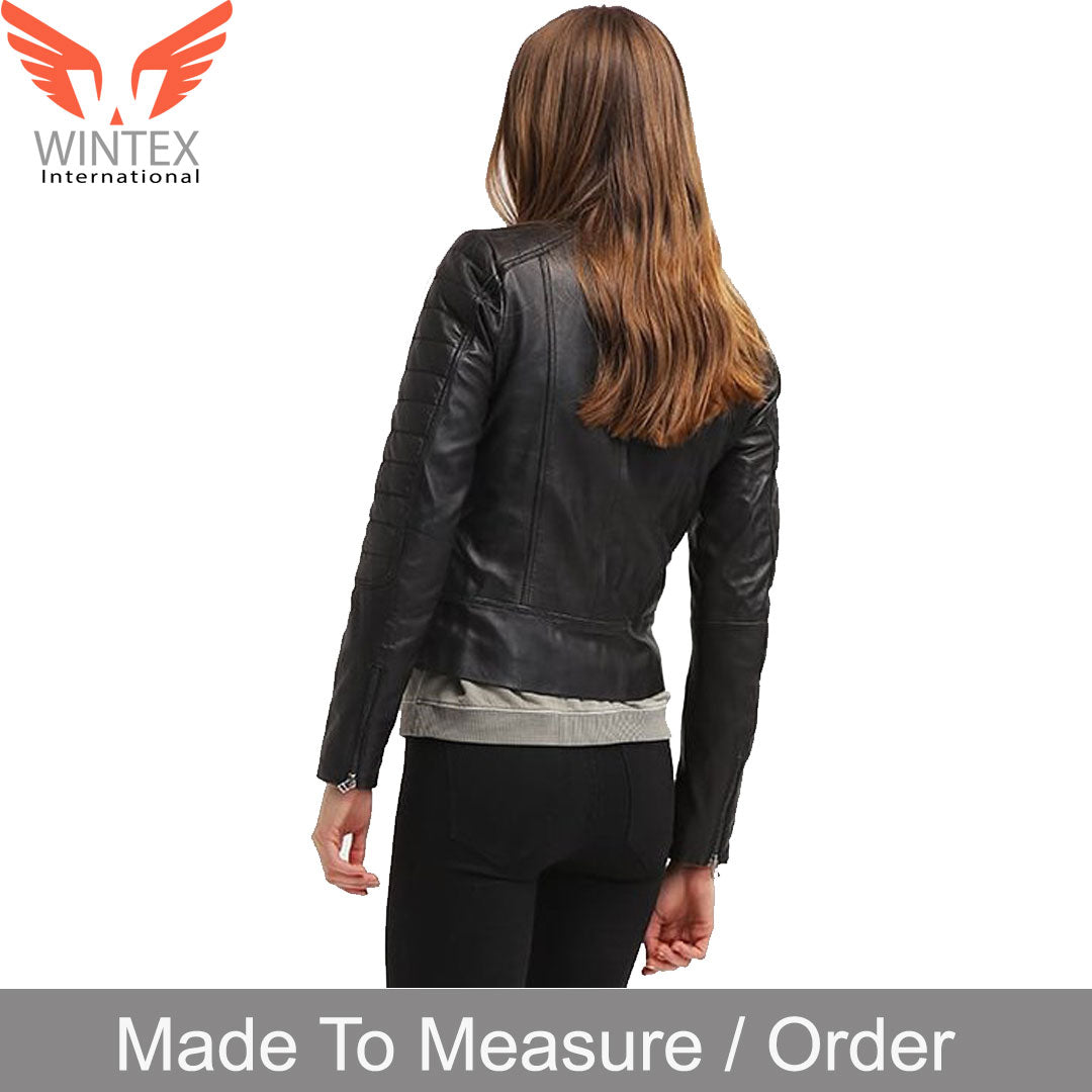 Women’s Genuine Lamb Leather Jacket – Quilted Panels Biker’s Jacket