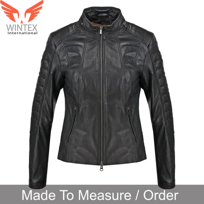 Women’s Genuine Lamb Leather Jacket – Quilted Panels Biker’s Jacket