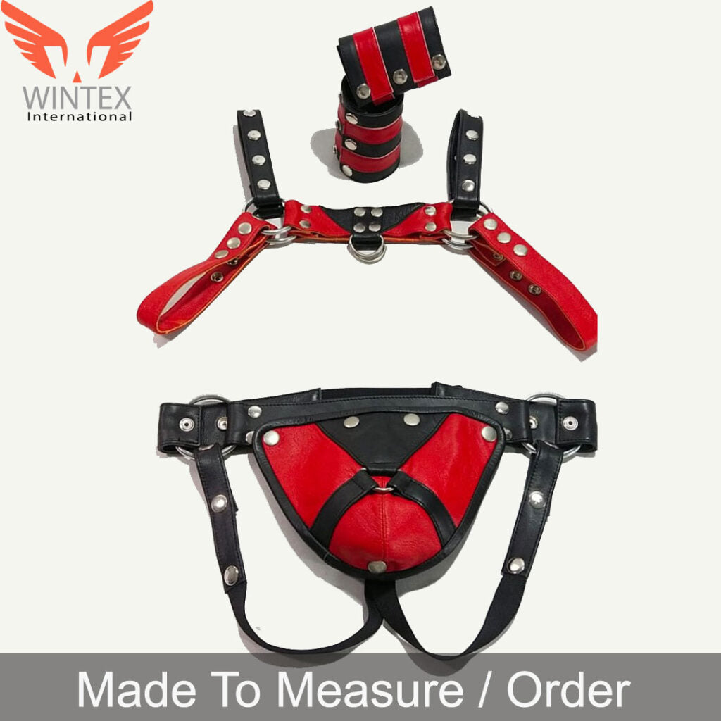 Men’s Leather Chest Harness Jockstrap Wristbands Set Multi Adjustment Fitting in Red & Black