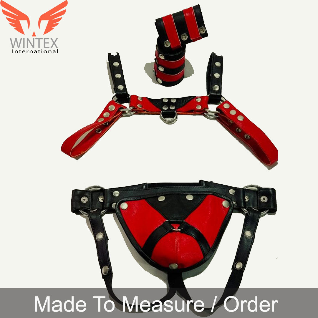 Men’s Leather Chest Harness Jockstrap Wristbands Set Multi Adjustment  Fitting in Red & Black