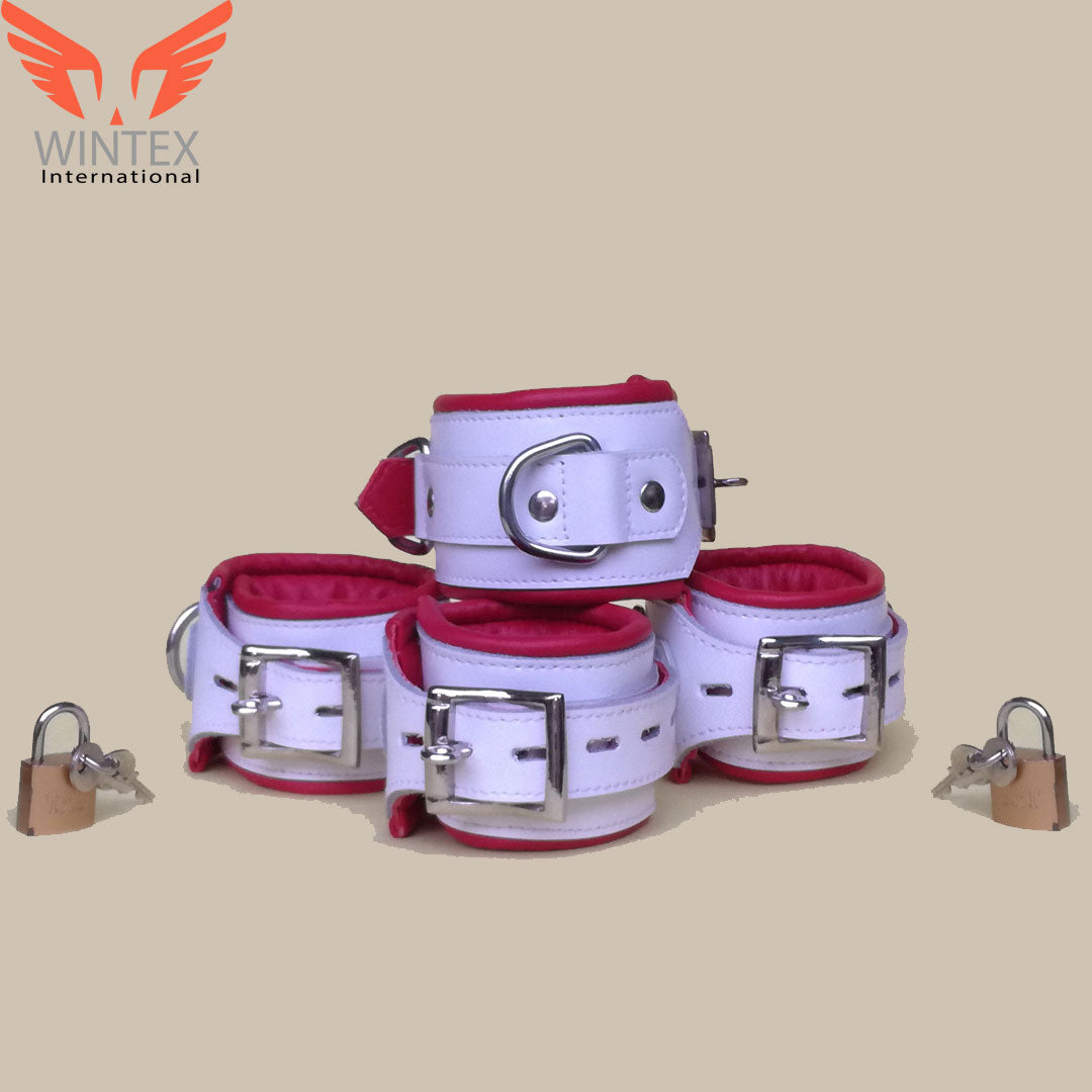 Real Leather Padded Bondage – 4 Pieces Heavy Duty White Padded Bondage Restraint Set + Free Padlocks
