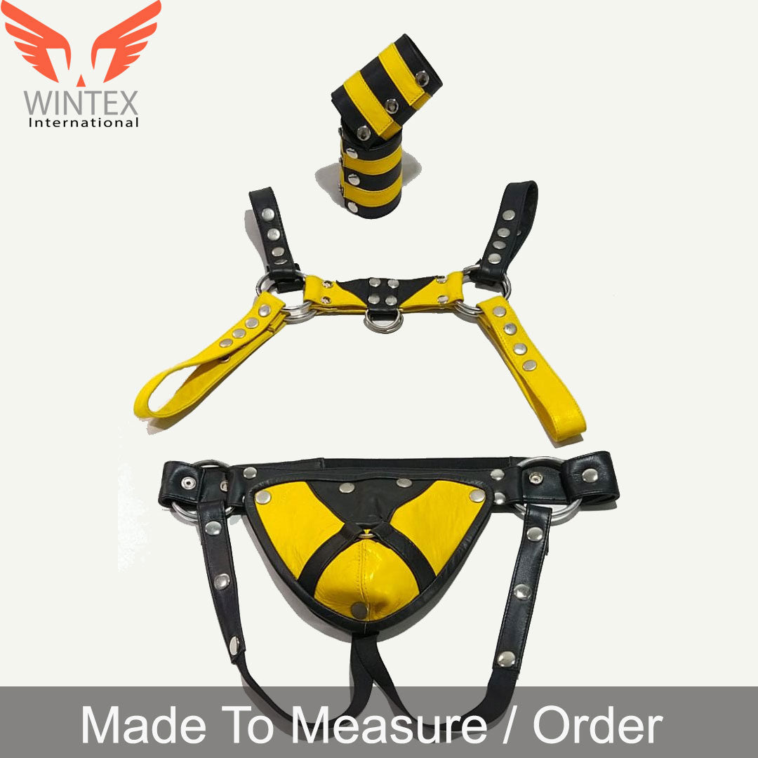 Men’s Leather Chest Harness Jockstrap Wristbands Set Multi Adjustment Fitting Yellow & Black